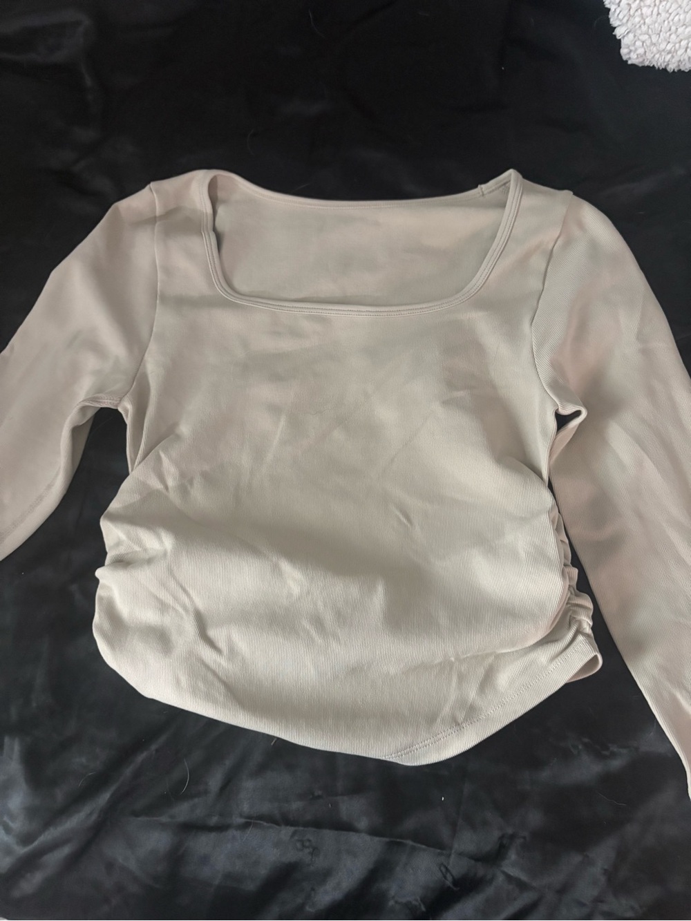 Square Neck Long Sleeve Crop Top in Light Beige